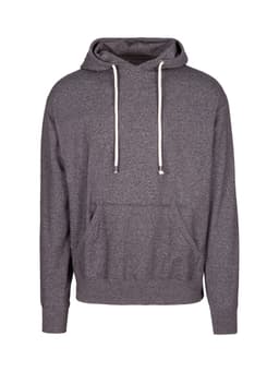 A heather grey hoodie featuring a front pocket and drawstrings on the hood. It has a logo on the front.