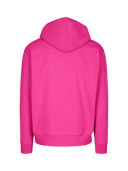 A pink hoodie with a kangaroo pocket and a hood, featuring a simple back design. It has a branding logo.