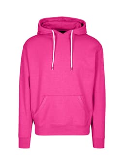 A pink hooded jumper with a front pocket and a drawstring hood. It features a logo.