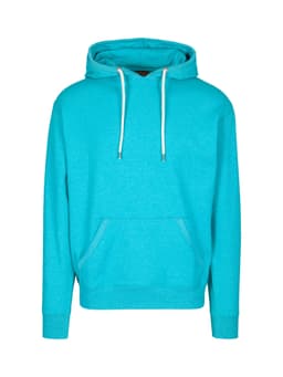 A turquoise hoodie with a front pocket and a hood, featuring a drawstring. It has a branding logo.