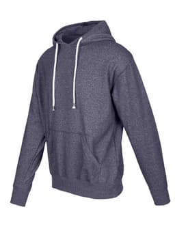 A grey heather hoodie with a front pocket and drawstring hood, featuring a logo on the side.