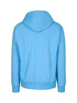 A blue hoodie with a back view, featuring a hood and long sleeves, has a logo on the fabric.