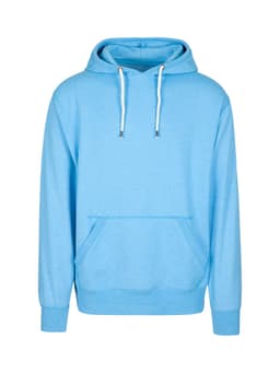 A light blue hoodie featuring a front kangaroo pocket and a drawstring hood, with a logo on the chest.
