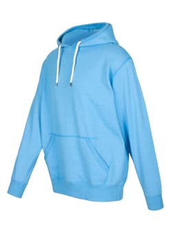 A light blue hoodie with a front pocket and drawstring hood, featuring a branding logo.