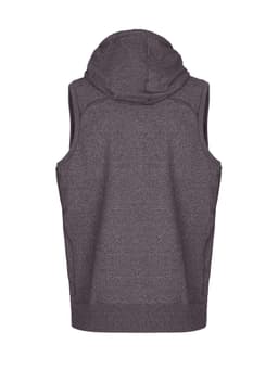A grey sleeveless hoodie featuring a hood, from the Greatness Range, with a logo on the back.