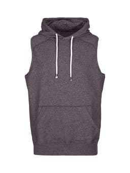 A sleeveless grey hoodie with a front pocket and drawstring hood, featuring a logo.