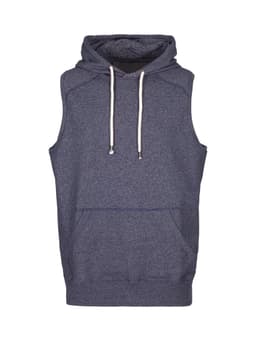 A sleeveless hoodie in a heather navy colour, featuring a front pocket and a contrasting hood. It has a logo.