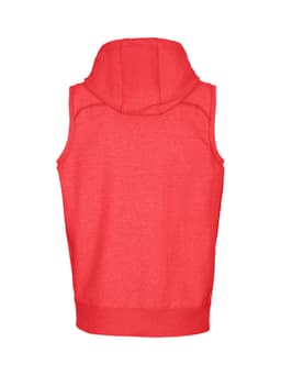 A red sleeveless hoodie featuring a hood and a logo on the back.