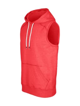 A red sleeveless hoodie featuring a front pocket and a drawstring hood, with branding visible.