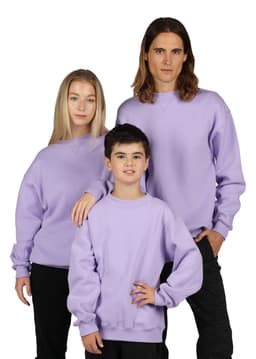 A group of three individuals wearing lilac crew neck jumpers, with a logo on one of the garments.