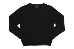 A black crew neck jumper featuring long sleeves and a ribbed hem. It has a logo on the inside.