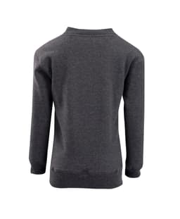 A grey crew neck jumper with long sleeves, featuring a ribbed hem and cuffs. The back view is displayed.