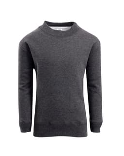 A grey kids' crew neck jumper, featuring long sleeves and a ribbed hem. The item has a branding logo.