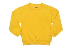 A yellow kids' crew neck jumper with long sleeves and a ribbed cuff. It features a logo on the front.