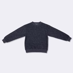 A dark grey crew neck jumper with long sleeves and ribbed cuffs and hem. It features a logo on the neckline.