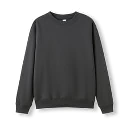 A dark grey kids' crew neck jumper with long sleeves and ribbed cuffs. It has a simple design and features a logo.