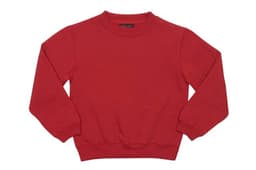 A red crew neck jumper with long sleeves, featuring a simple design and an interior label with branding.
