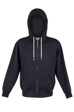 A black zip hoodie with a hood, featuring a zip closure and drawstrings, and long sleeves.