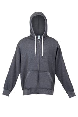 A grey zip hoodie with a hood and front pockets, featuring a logo on the chest area.