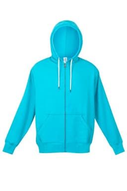 A turquoise hoodie with a zip front, a hood, and a kangaroo pocket, featuring an embroidered logo.