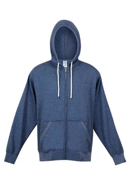 A navy heather zip hoodie with a kangaroo pocket and drawstring hood, featuring a branding logo.