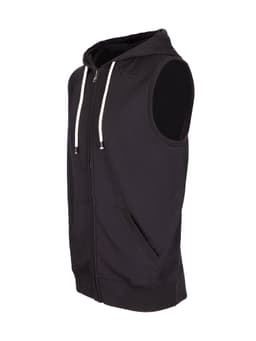 A black sleeveless zip hoodie with a front pocket and drawstring hood. It features a logo on the design.