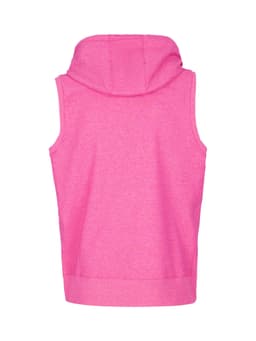 A pink sleeveless zip hoodie with a hood, featuring a back view design. It includes a logo or branding element.
