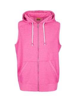 A pink sleeveless zip hoodie with a hood and front pockets, featuring a logo on the garment.