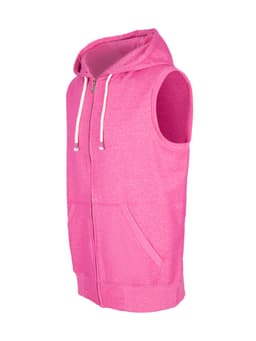 A pink sleeveless zip hoodie with a hood and front pockets, featuring a logo.