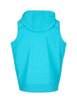 A sleeveless zip hoodie in a bright turquoise colour with a hood, featuring a logo on the back.