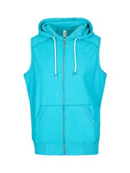A sleeveless zip hoodie in a vibrant light blue colour, featuring a hood and front pockets. It has a logo.