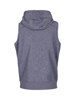 A sleeveless zip hoodie in a heather grey colour, featuring a hood and a plain back design.