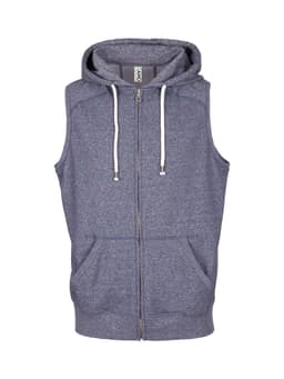 A sleeveless zip hoodie in heather blue with a hood and front pockets, featuring a logo.