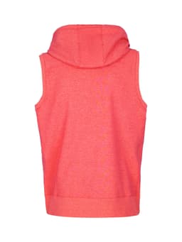 A men's sleeveless zip hoodie in a vibrant coral colour, featuring a hood and a plain back design.