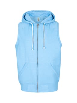 A light blue sleeveless zip hoodie featuring a hood and front pockets, with a logo present.