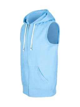 A light blue sleeveless zip hoodie featuring a hood, pockets, and a logo. Part of the Greatness Range.