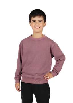 A unisex stone wash sweatshirt in a soft mauve colour, worn by a child standing with one hand on their hip.