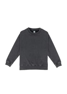 A grey kids' stone wash sweatshirt with a round neckline and long sleeves, featuring a logo.