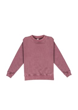 A stone wash sweatshirt in a soft mauve colour, featuring long sleeves and a crew neckline. It has a logo.