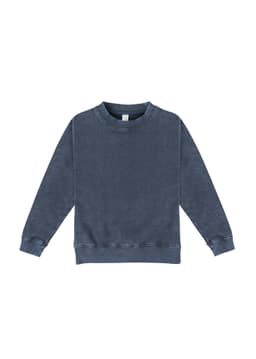 A stone wash sweatshirt in a deep blue colour, featuring a classic crew neck and long sleeves, with a logo on the label.