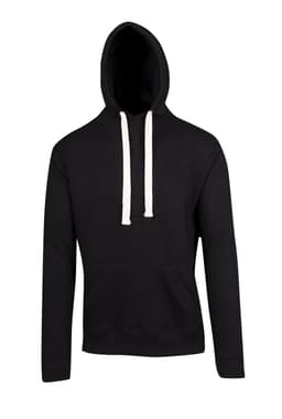 A black men's brushed heavy fleece hoodie with a front pocket and contrasting drawstrings. It features a brand logo.