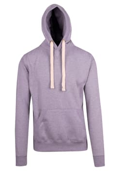 A grey men's brushed heavy fleece hoodie with a front pocket and drawstrings on the hood. It features a logo.