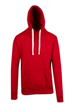 A red brushed heavy fleece hoodie with a front pocket and a hood, featuring a contrasting drawstring.