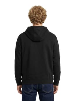 A blue men's brushed heavy fleece hoodie with a front pocket and a logo on the chest, modelled by a smiling man.
