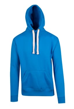 A bright blue men's brushed heavy fleece hoodie featuring a kangaroo pocket and drawstring hood.