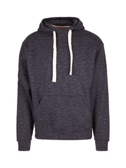 A dark grey brushed heavy fleece hoodie with a front pocket and white drawstrings. It features a logo.