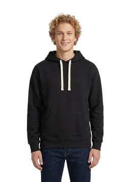 A blue men's brushed heavy fleece hoodie with a front pocket and drawstring hood. Features a logo on the clothing.