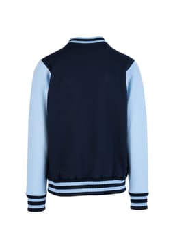 A navy and light blue men's varsity jacket featuring a striped ribbed collar and cuffs, with a logo on the front.
