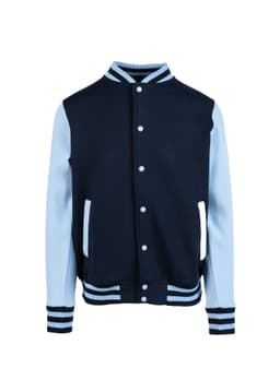A navy and light blue men's varsity jacket featuring a button-up front and striped cuffs. It has a logo on the chest.
