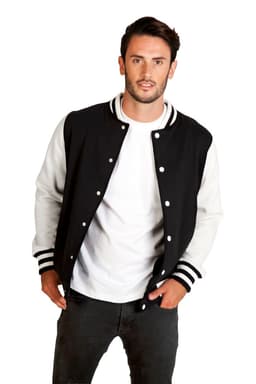 A men's varsity jacket in black and white, featuring striped cuffs and a front closure. The model is wearing it over a white t-shirt.